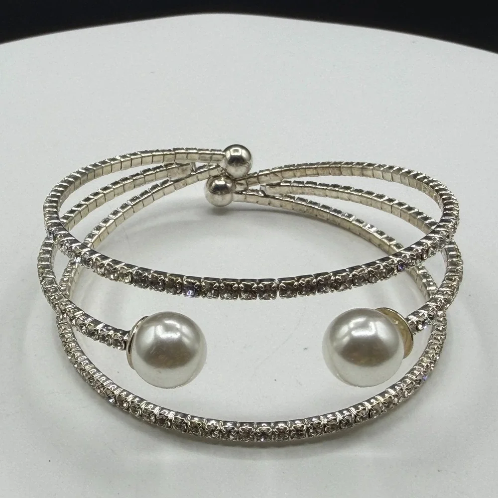 Clear Rhinestone Faux Pearl Silver Tone Triple Row Cuff Wrap Bracelet Bridal